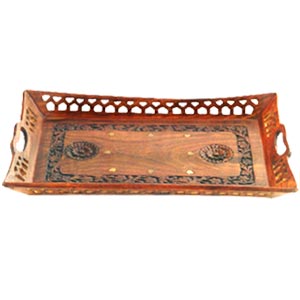 Wooden Tray with Carving and Brass Inlay