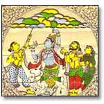 Krishna lifts Govardhan Hill